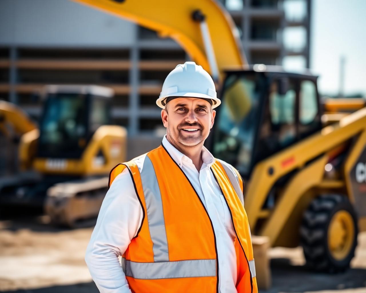 Construction business owner standing in front of financed excavators at a job site